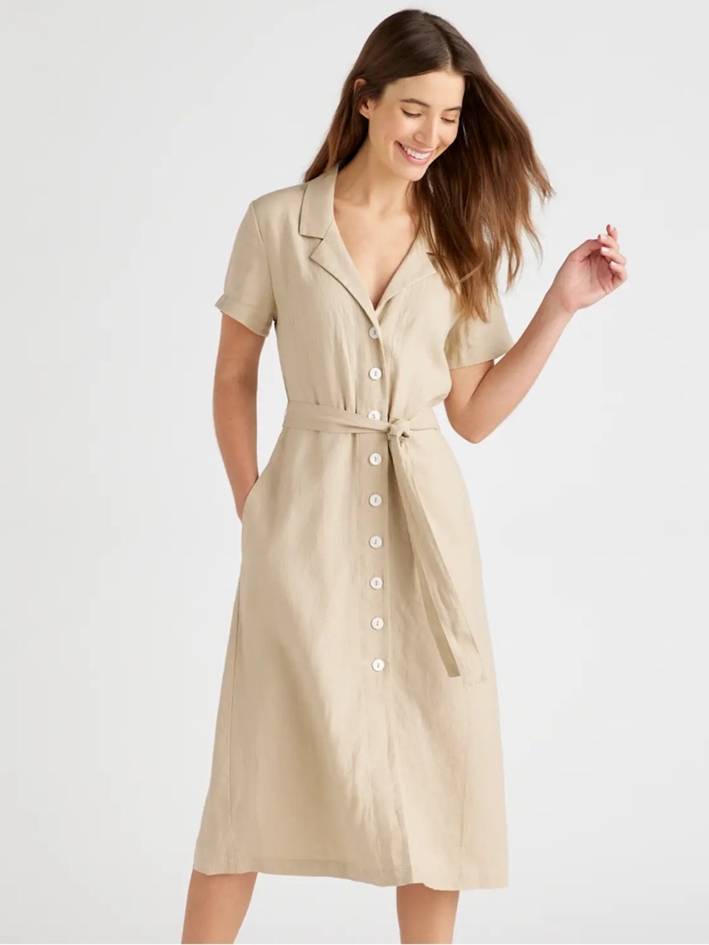 Quince 100% European Linen Button Front Dress in Driftwood Tan